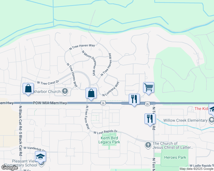 map of restaurants, bars, coffee shops, grocery stores, and more near 6643 North Moon Drummer Way in Meridian