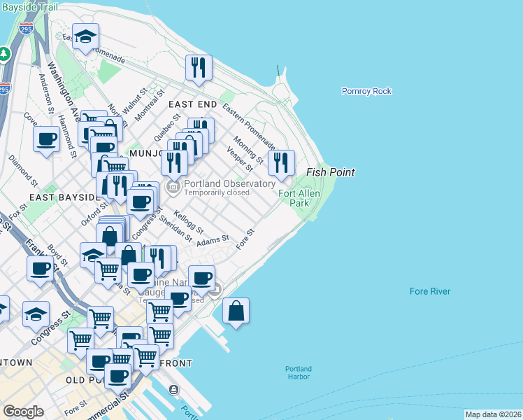 map of restaurants, bars, coffee shops, grocery stores, and more near 18 Munjoy Street in Portland