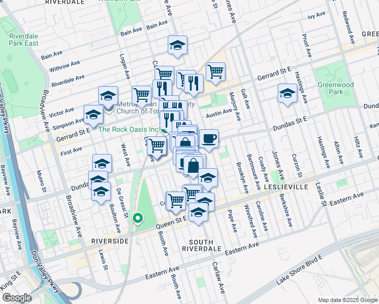 map of restaurants, bars, coffee shops, grocery stores, and more near 1201 Dundas Street East in Toronto