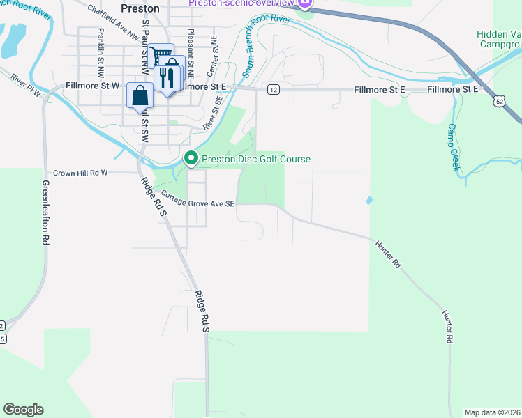 map of restaurants, bars, coffee shops, grocery stores, and more near 412 Cottage Grove Avenue Southeast in Preston