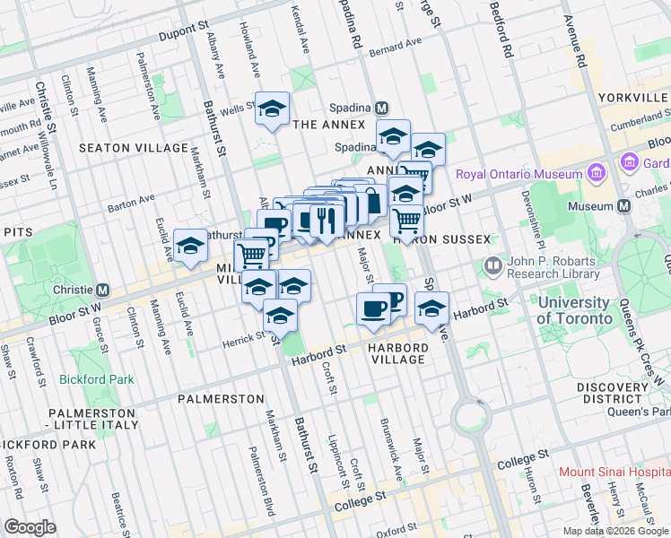 map of restaurants, bars, coffee shops, grocery stores, and more near 266 Brunswick Avenue in Toronto