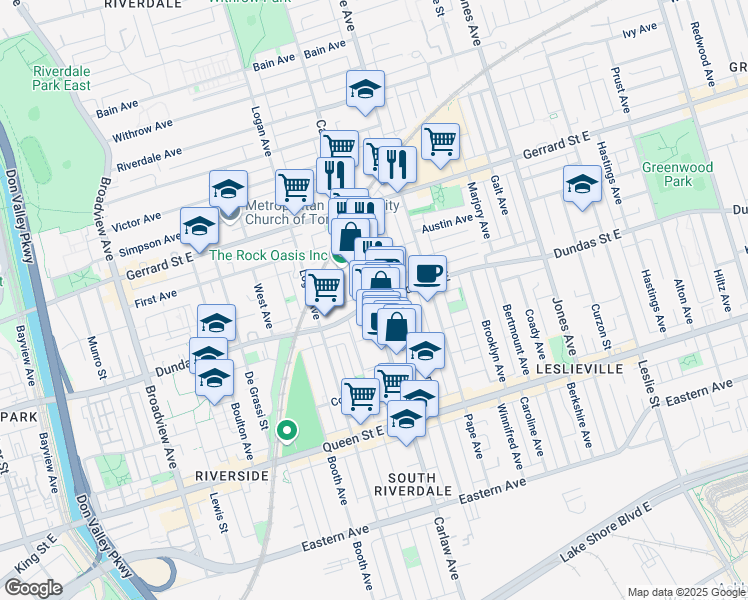 map of restaurants, bars, coffee shops, grocery stores, and more near 332 Carlaw Ave in Toronto