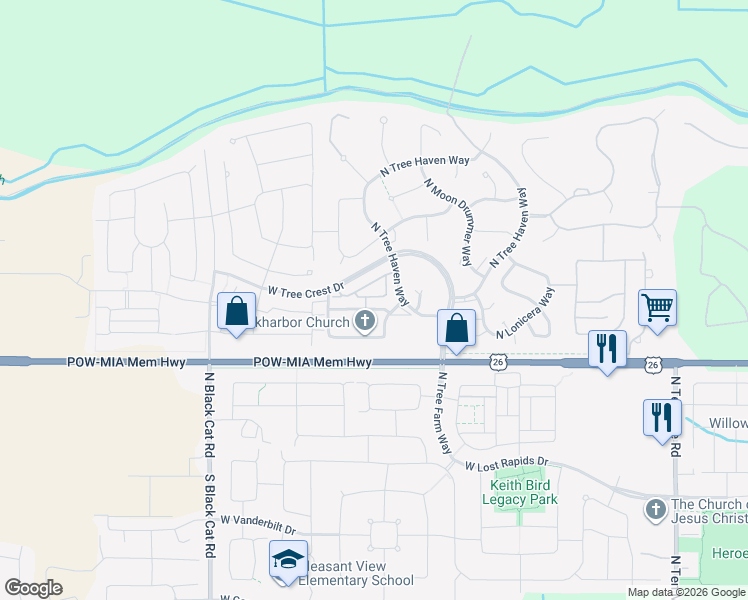 map of restaurants, bars, coffee shops, grocery stores, and more near 4251 West Bay Oak Lane in Meridian