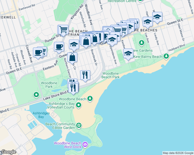 map of restaurants, bars, coffee shops, grocery stores, and more near 1830 Lake Shore Boulevard East in Toronto