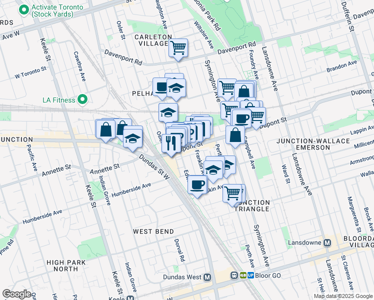 map of restaurants, bars, coffee shops, grocery stores, and more near 1615 Dupont Street in Toronto