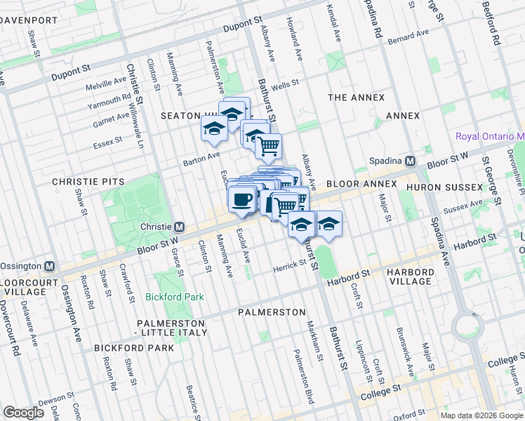 map of restaurants, bars, coffee shops, grocery stores, and more near 604 Bloor Street West in Toronto