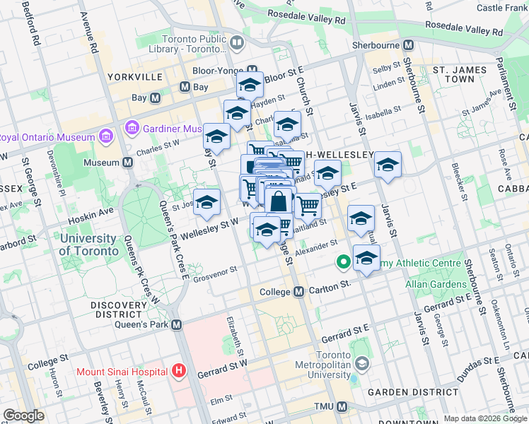 map of restaurants, bars, coffee shops, grocery stores, and more near 8 Wellesley Street West in Toronto
