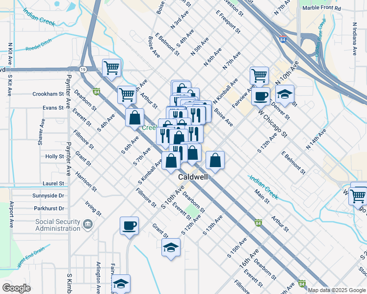 map of restaurants, bars, coffee shops, grocery stores, and more near 809 Blaine Street in Caldwell