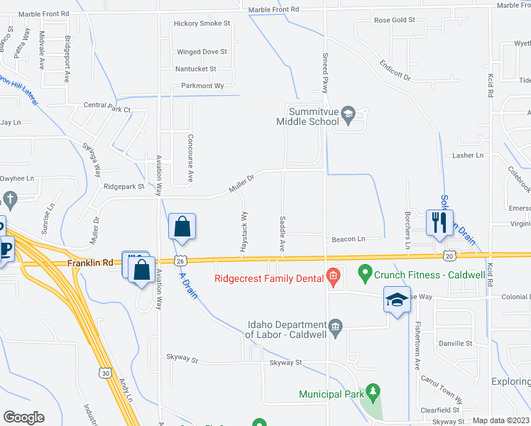 map of restaurants, bars, coffee shops, grocery stores, and more near 801 Smeed Parkway in Caldwell