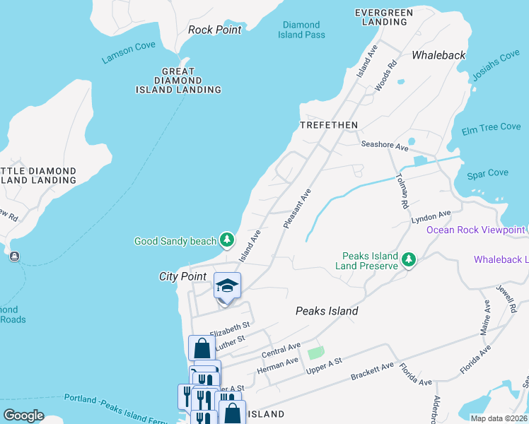 map of restaurants, bars, coffee shops, grocery stores, and more near 18 Ocean Street in South Portland