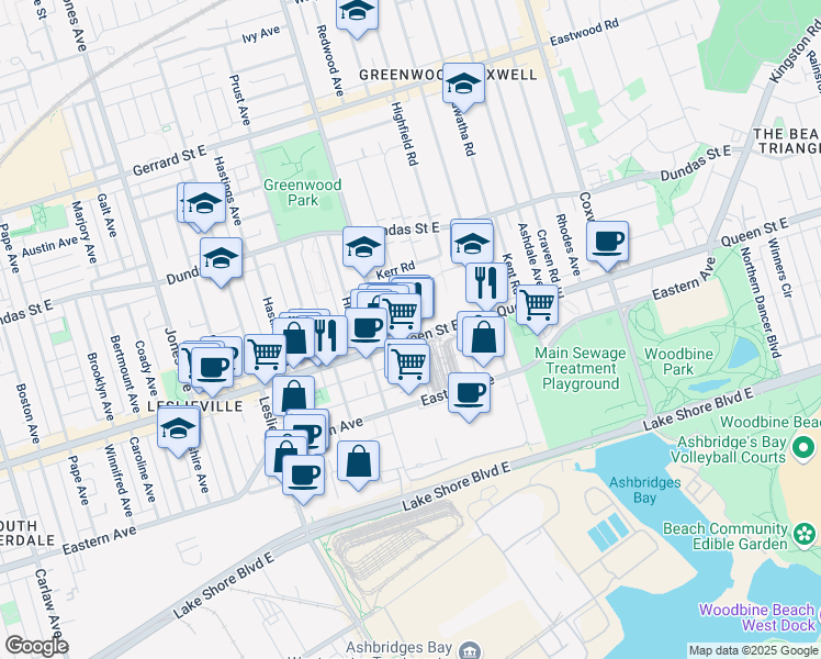 map of restaurants, bars, coffee shops, grocery stores, and more near in Toronto