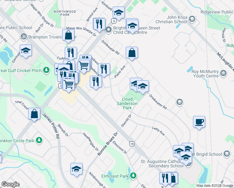 map of restaurants, bars, coffee shops, grocery stores, and more near 23 Kitto Court in Brampton