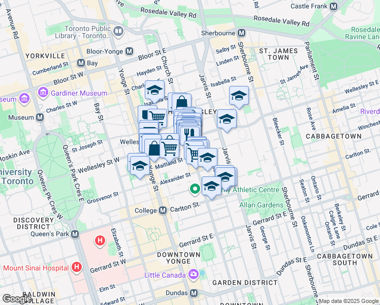 map of restaurants, bars, coffee shops, grocery stores, and more near 530 Church Street in Toronto