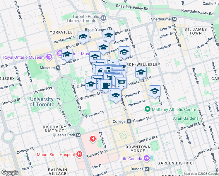 map of restaurants, bars, coffee shops, grocery stores, and more near 24 Wellesley Street West in Toronto