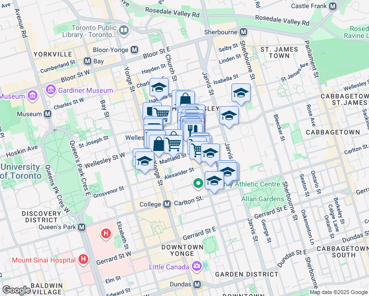 map of restaurants, bars, coffee shops, grocery stores, and more near 54 Maitland Street in Toronto