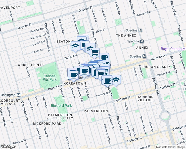 map of restaurants, bars, coffee shops, grocery stores, and more near 600 Bloor Street West in Toronto