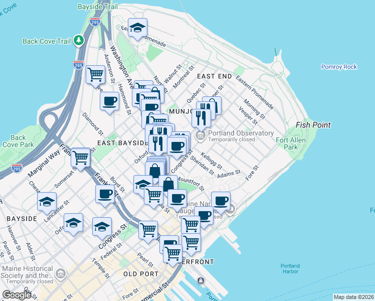 map of restaurants, bars, coffee shops, grocery stores, and more near 71 Sheridan Street in Portland