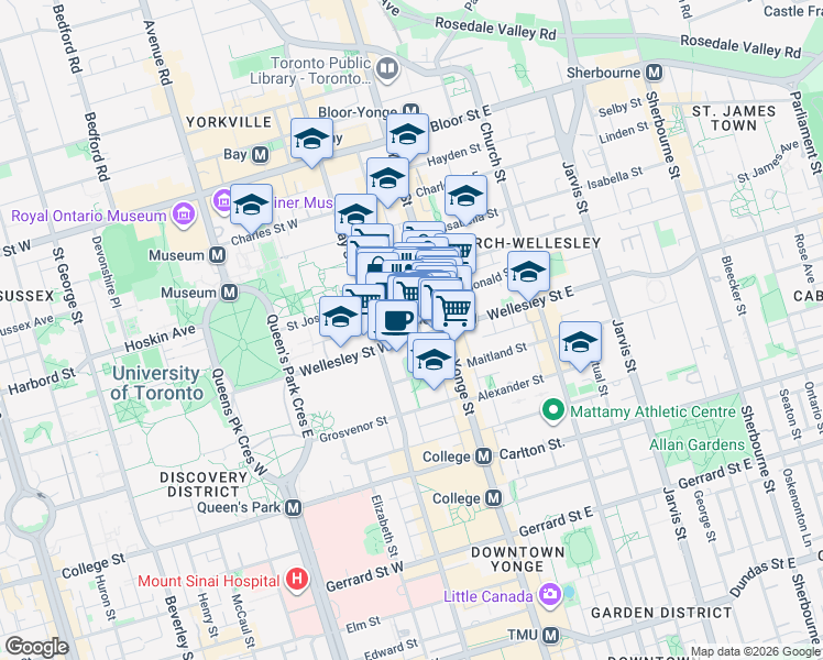 map of restaurants, bars, coffee shops, grocery stores, and more near 24 Wellesley Street West in Toronto