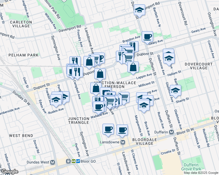 map of restaurants, bars, coffee shops, grocery stores, and more near 654 Saint Clarens Avenue in Toronto