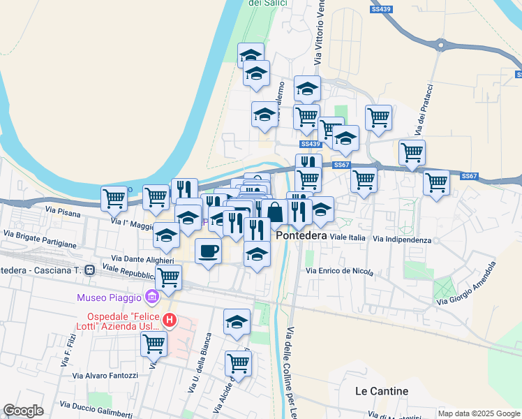 map of restaurants, bars, coffee shops, grocery stores, and more near 22 Piazza della Concordia in Pontedera