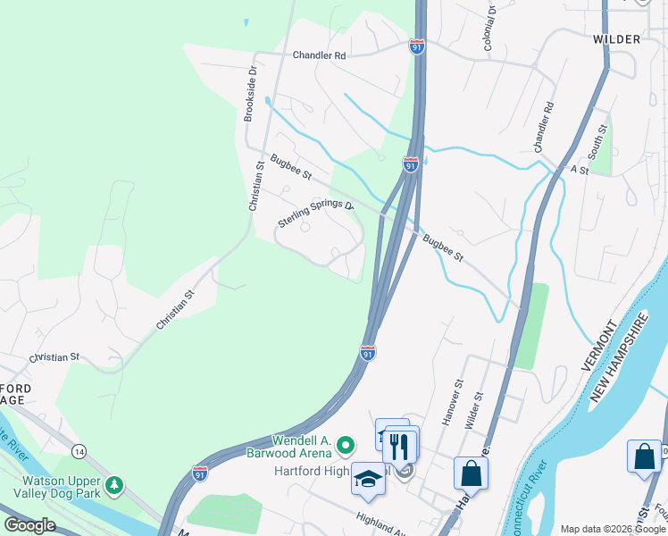 map of restaurants, bars, coffee shops, grocery stores, and more near 33 Sycamore Drive in Hartford