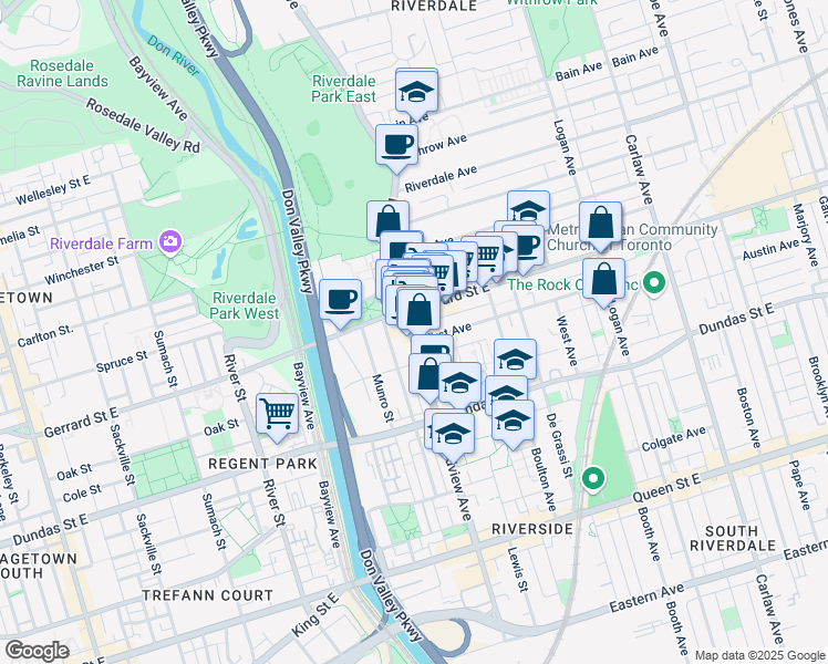 map of restaurants, bars, coffee shops, grocery stores, and more near 343 Broadview Avenue in Toronto