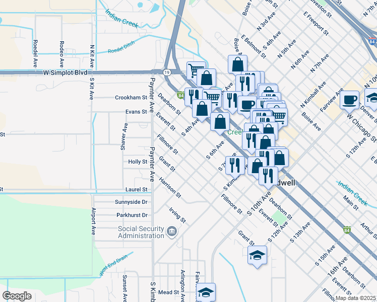 map of restaurants, bars, coffee shops, grocery stores, and more near 604 South 5th Avenue in Caldwell