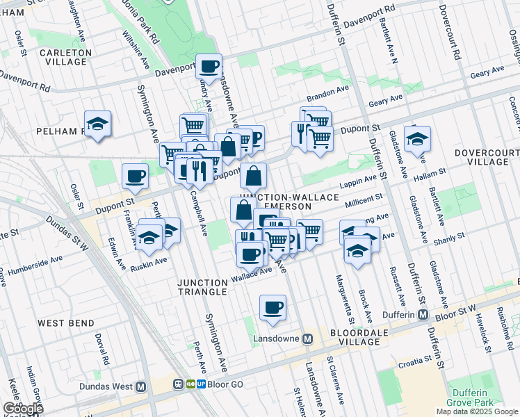 map of restaurants, bars, coffee shops, grocery stores, and more near Lansdowne Ave & Lappin Ave in Toronto