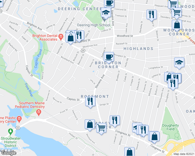 map of restaurants, bars, coffee shops, grocery stores, and more near 2 Stoneledge Drive in Portland