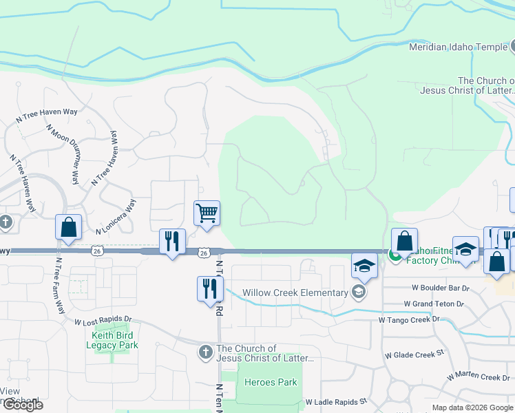 map of restaurants, bars, coffee shops, grocery stores, and more near 6633 North Crantini Way in Meridian
