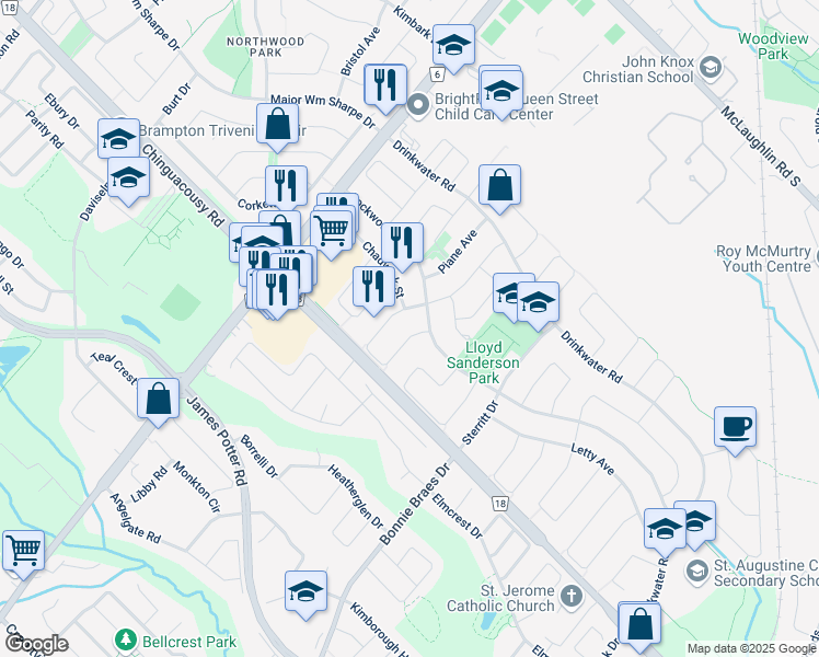 map of restaurants, bars, coffee shops, grocery stores, and more near 5 Carrie Crescent in Brampton