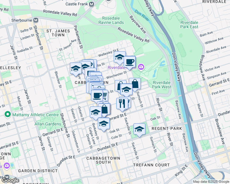 map of restaurants, bars, coffee shops, grocery stores, and more near 309 Carlton Street in Toronto