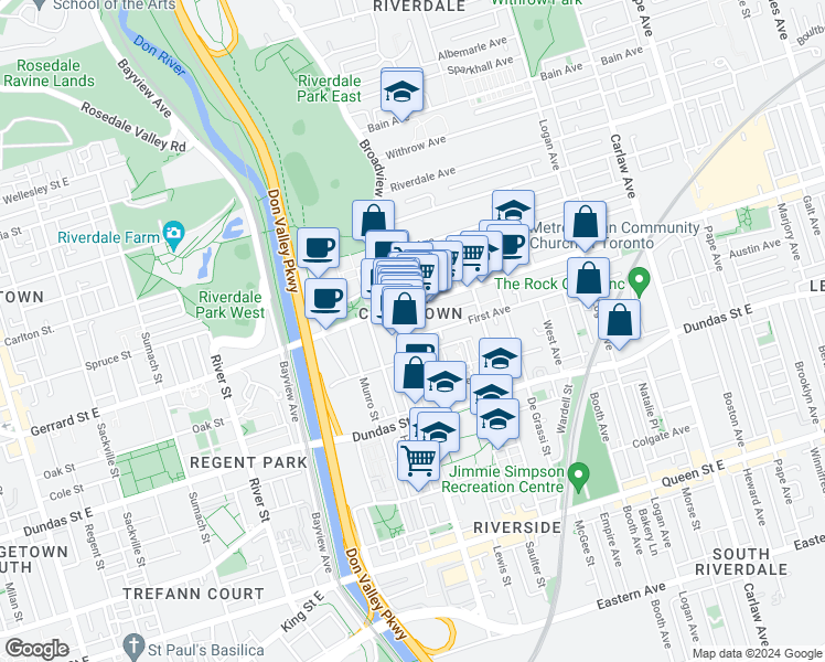 map of restaurants, bars, coffee shops, grocery stores, and more near 8 First Avenue in Toronto