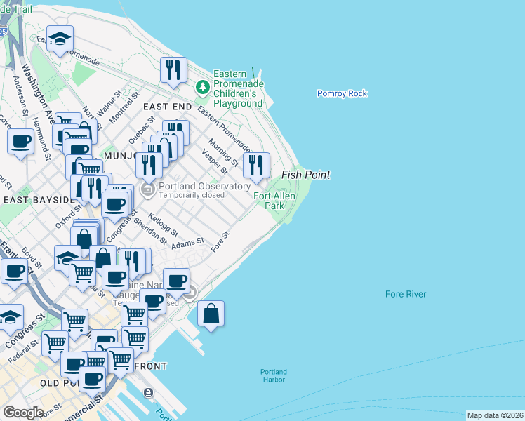 map of restaurants, bars, coffee shops, grocery stores, and more near 38 Eastern Promenade in Portland