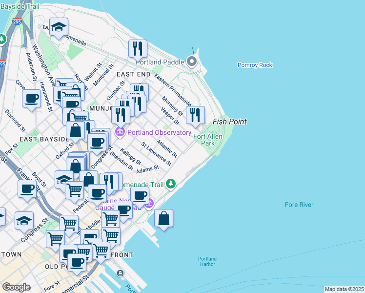 map of restaurants, bars, coffee shops, grocery stores, and more near 18 Munjoy Street in Portland