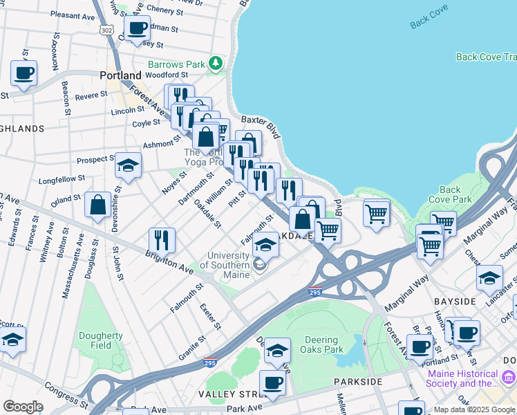 map of restaurants, bars, coffee shops, grocery stores, and more near 19 Fessenden Street in Portland