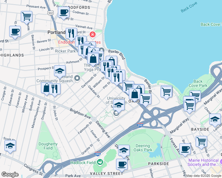 map of restaurants, bars, coffee shops, grocery stores, and more near 19 Fessenden Street in Portland