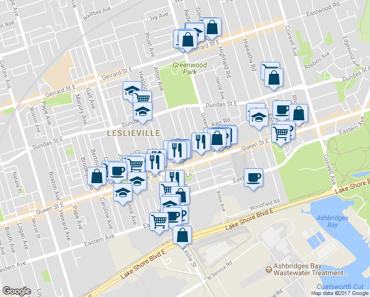 map of restaurants, bars, coffee shops, grocery stores, and more near in Toronto