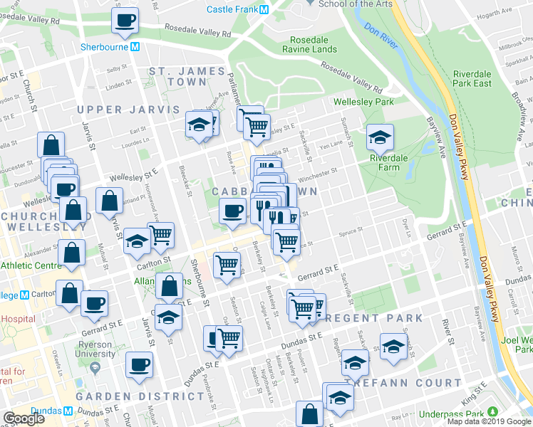 map of restaurants, bars, coffee shops, grocery stores, and more near in Toronto