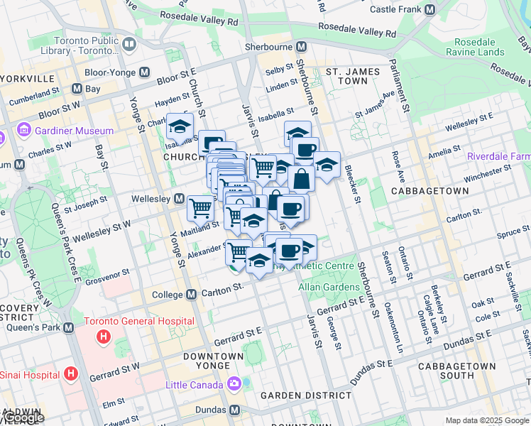 map of restaurants, bars, coffee shops, grocery stores, and more near in Toronto