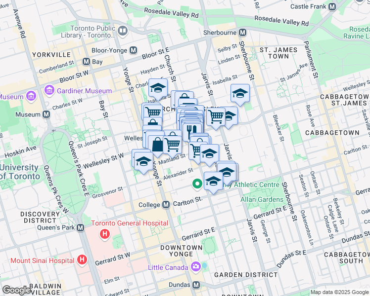 map of restaurants, bars, coffee shops, grocery stores, and more near 530 Church Street in Toronto