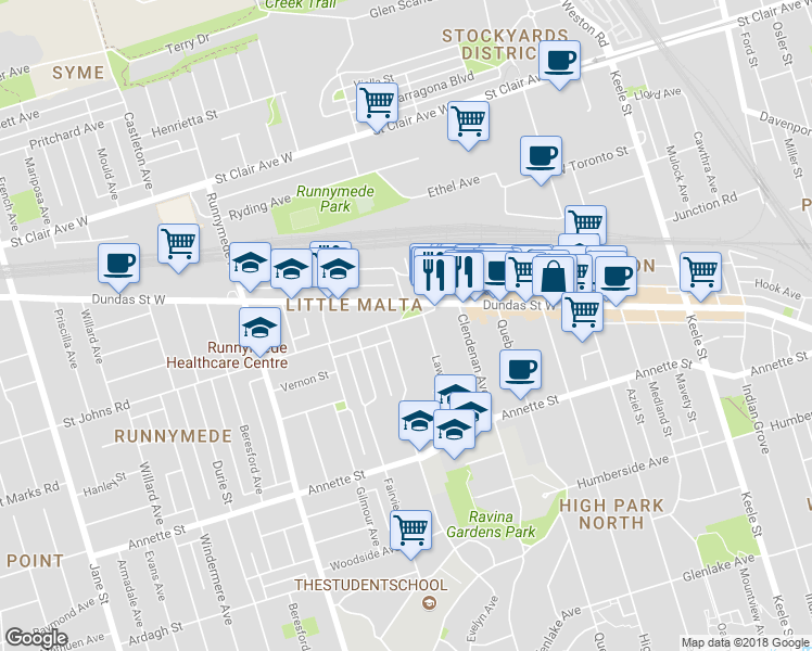 map of restaurants, bars, coffee shops, grocery stores, and more near in Toronto