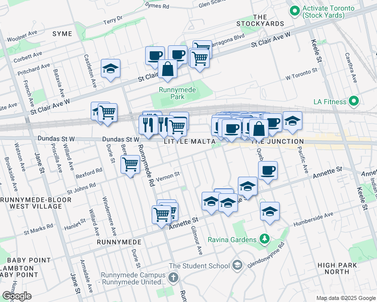 map of restaurants, bars, coffee shops, grocery stores, and more near in Toronto