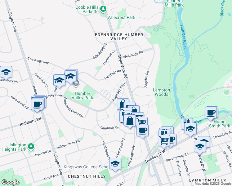 map of restaurants, bars, coffee shops, grocery stores, and more near 18 Anglesey Boulevard in Toronto