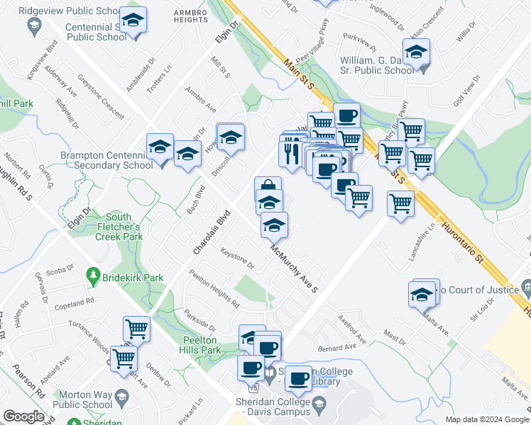 map of restaurants, bars, coffee shops, grocery stores, and more near 430 McMurchy Avenue South in Brampton
