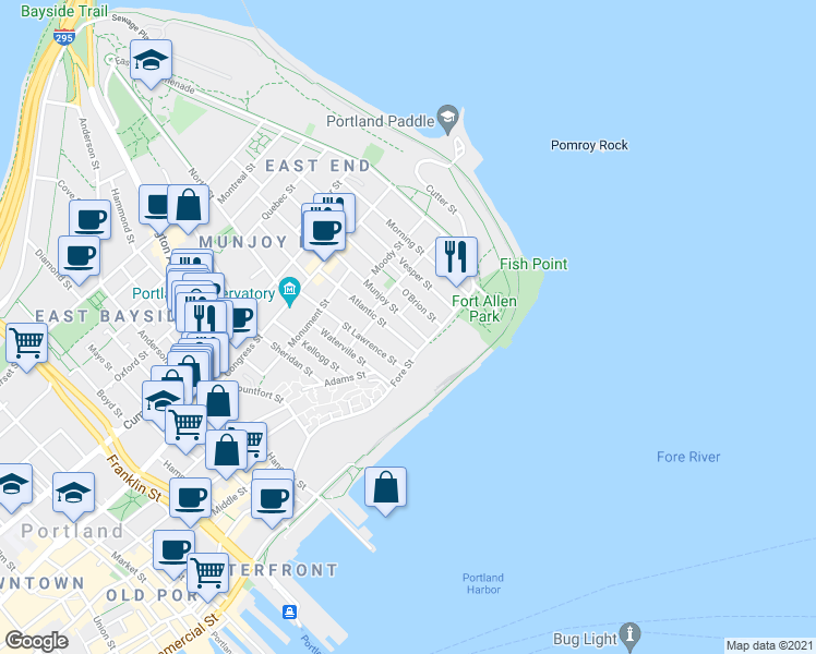 map of restaurants, bars, coffee shops, grocery stores, and more near 18 Munjoy Street in Portland