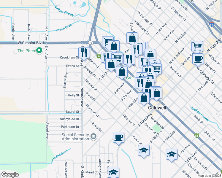 map of restaurants, bars, coffee shops, grocery stores, and more near 509 Everett Street in Caldwell