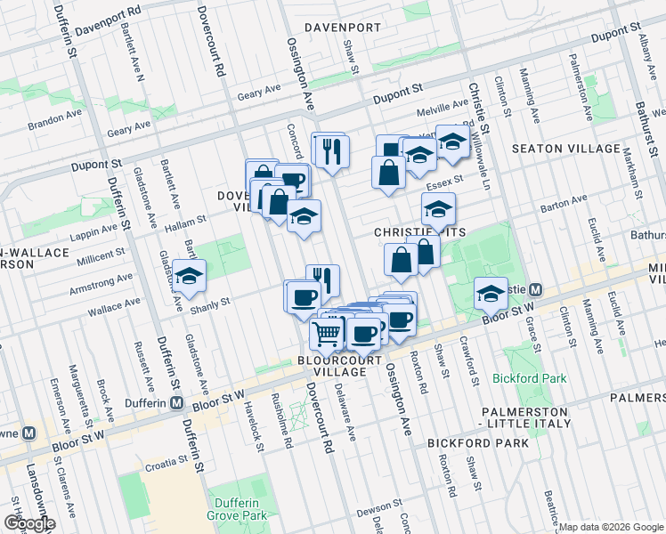 map of restaurants, bars, coffee shops, grocery stores, and more near 411 Concord Avenue in Toronto