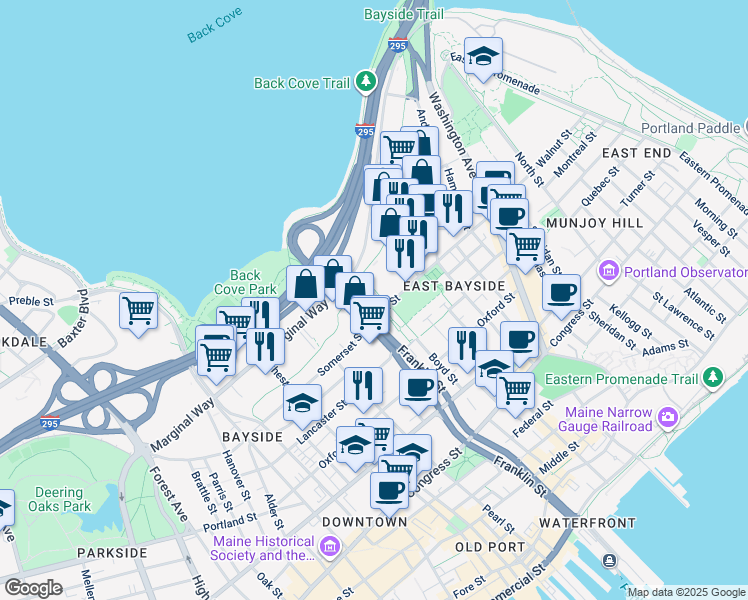 map of restaurants, bars, coffee shops, grocery stores, and more near 129 Fox Street in Portland