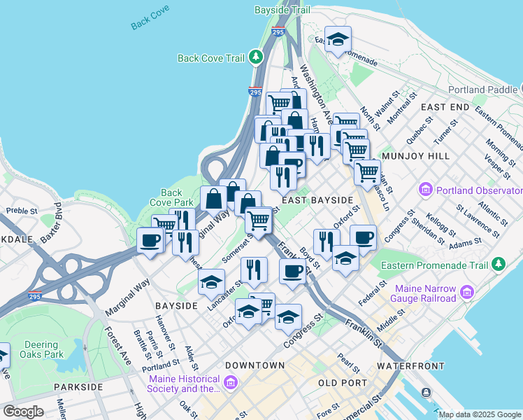 map of restaurants, bars, coffee shops, grocery stores, and more near 129 Fox Street in Portland
